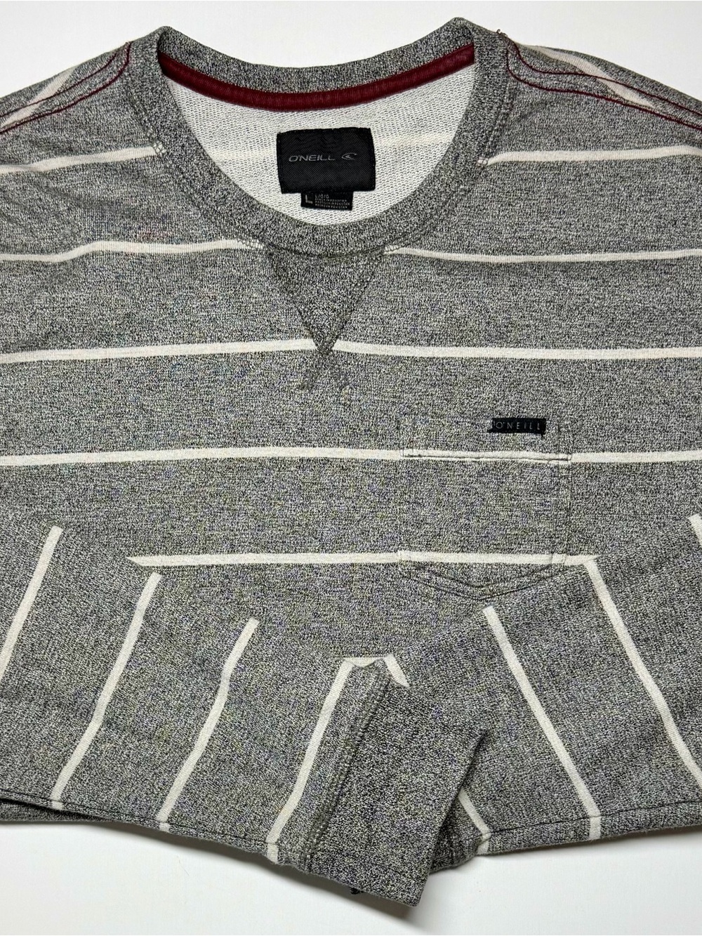 O’Neill Gray Striped Cotton Knit Sweater Men’s Large Crew Neck Pullover